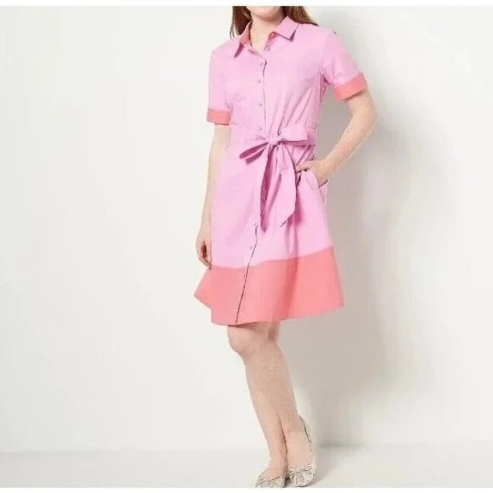 Isaac Mizrahi Live Color Block Poplin Dress Plus Petite Size 26 Classic Pink NEW